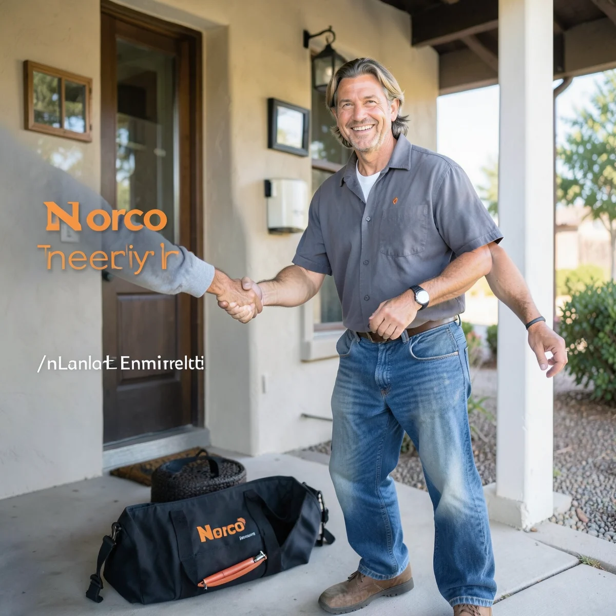 Norco plumber shaking hands with a satisfied homeowner on a ranch-home porch