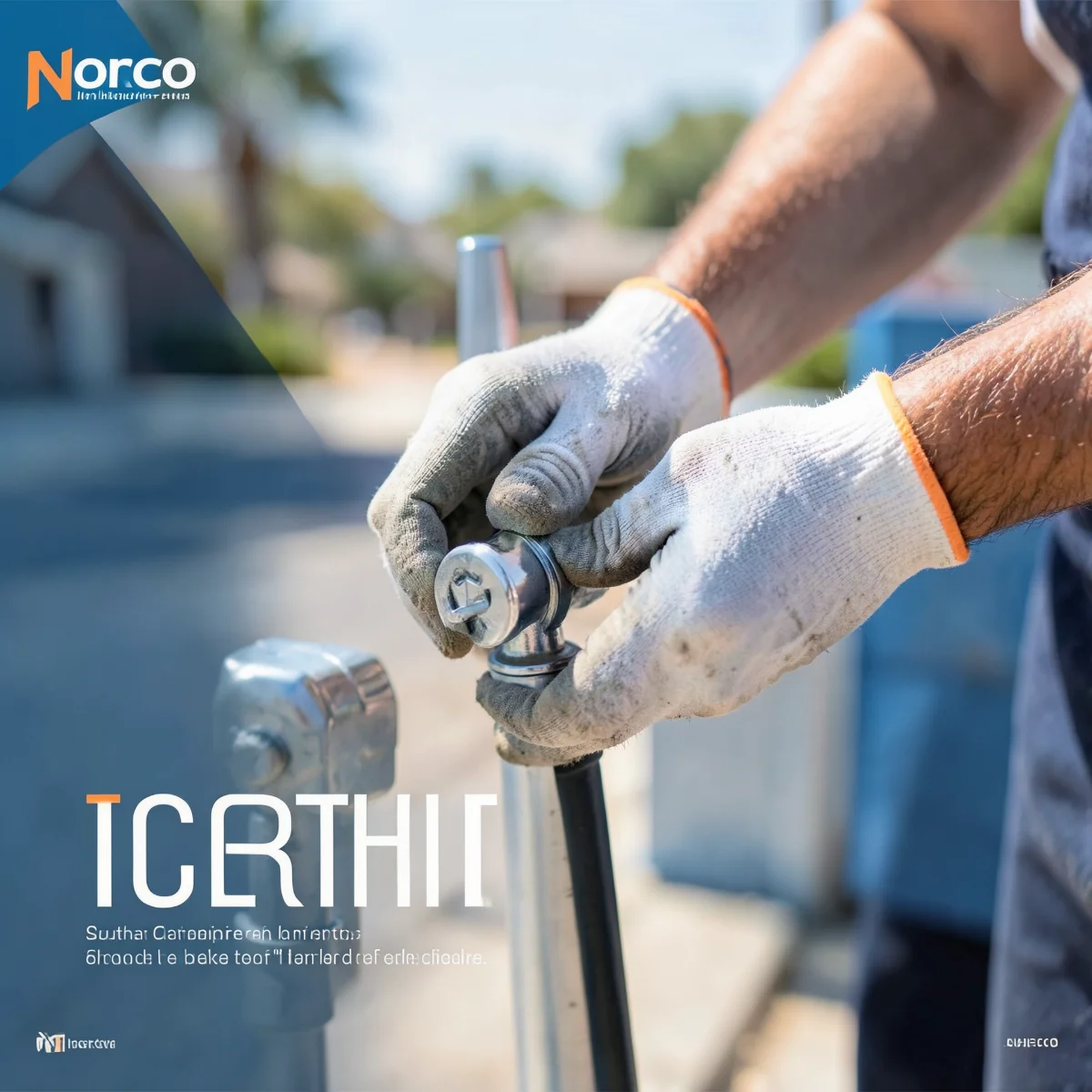 Close-up of a Norco plumber's gloved hands precisely working on a chrome fitting