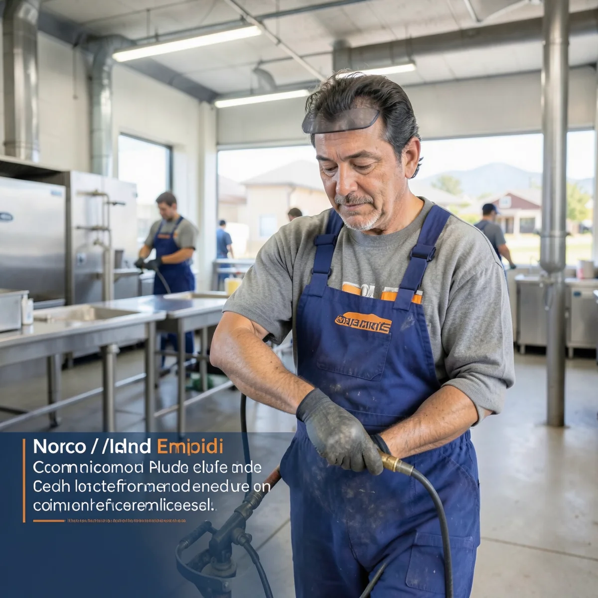 Plumber servicing stainless commercial plumbing in a Norco restaurant back-of-house