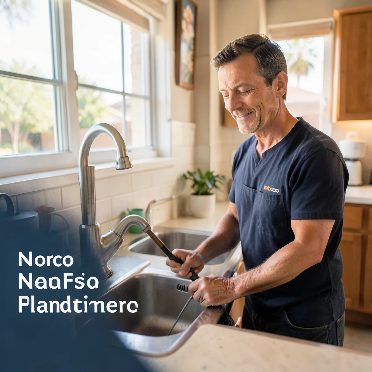 Plumber working under a clean residential kitchen sink in a Norco home